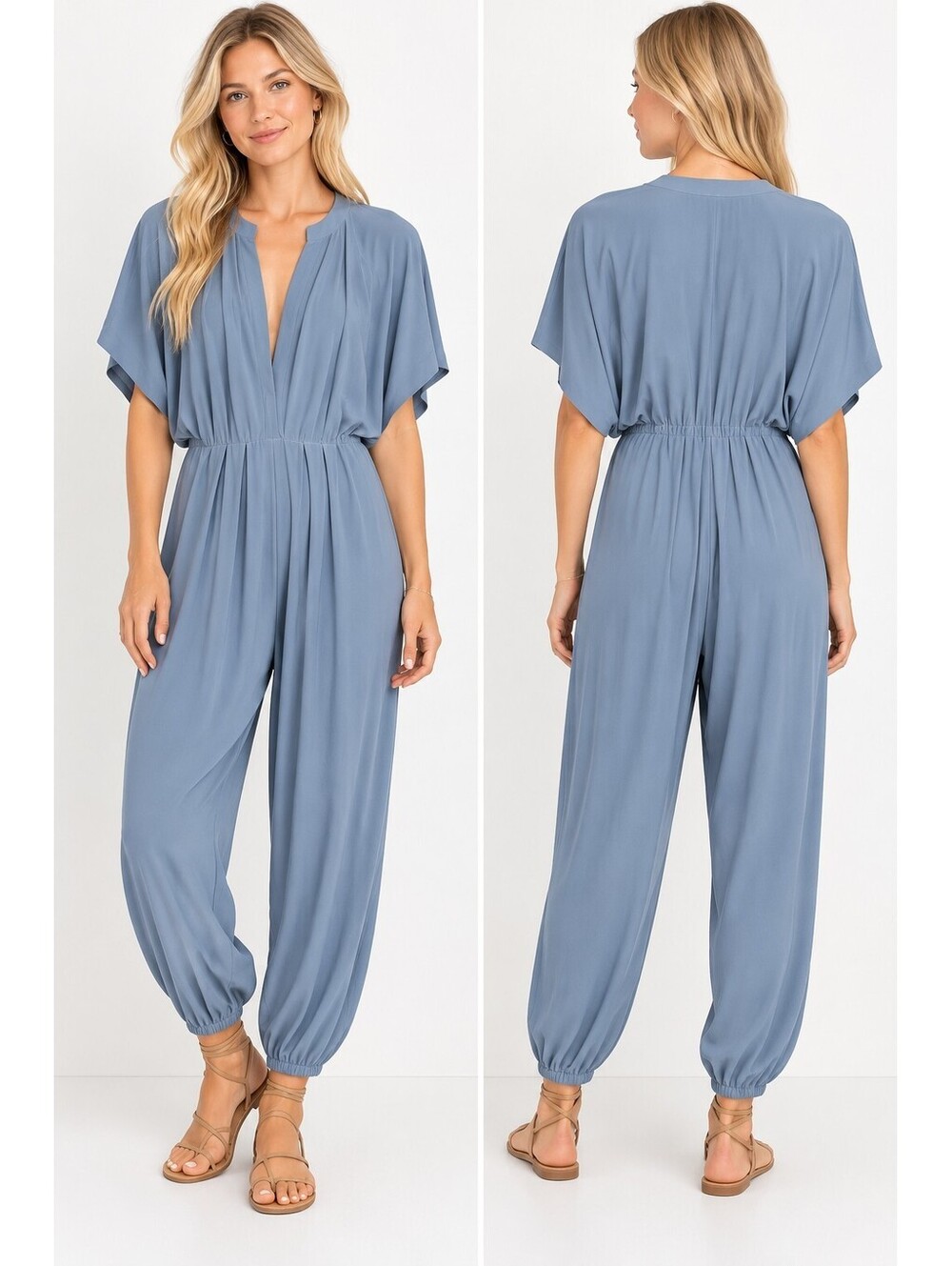 NWT Norma Kamali Rectangle Jog Jumpsuit Woman's S/36 Soft Blue Plunging Neckline